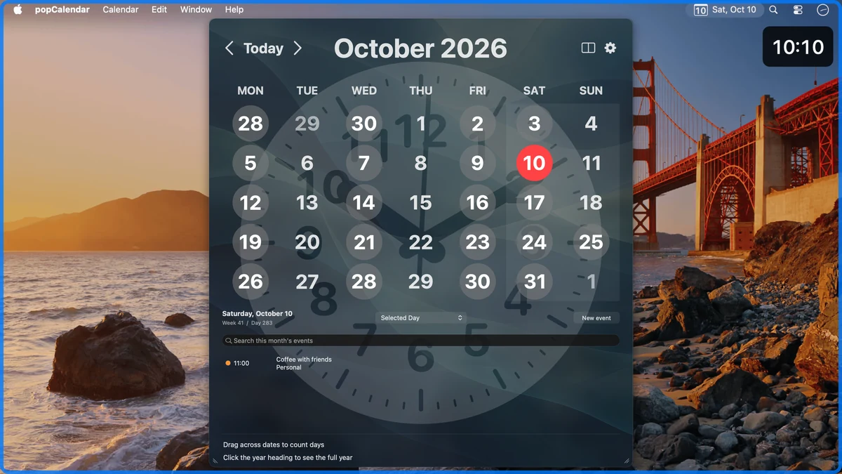 A popCalendar calendar with a background clock, a blue screen-edge glow and a corner clock showing a visual time signal.