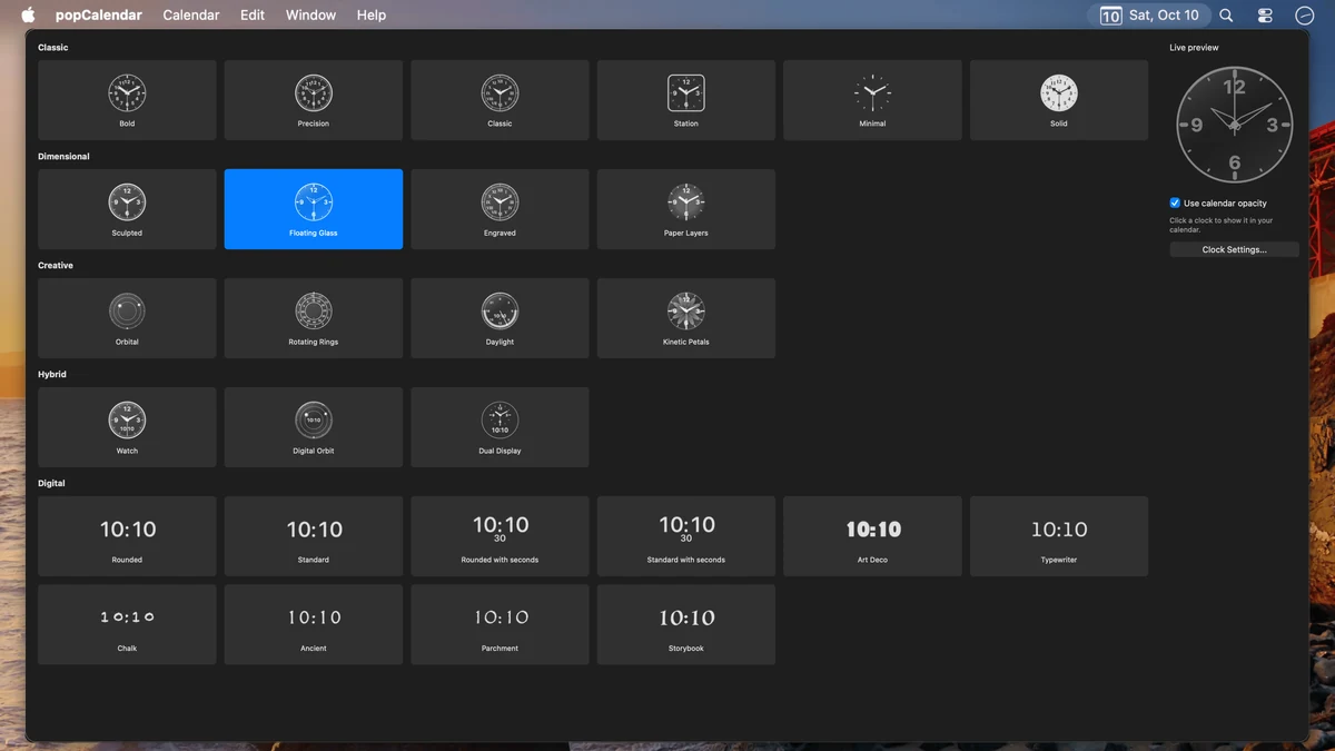 Analog, digital, and hybrid clock presets grouped in the app's clock gallery.
