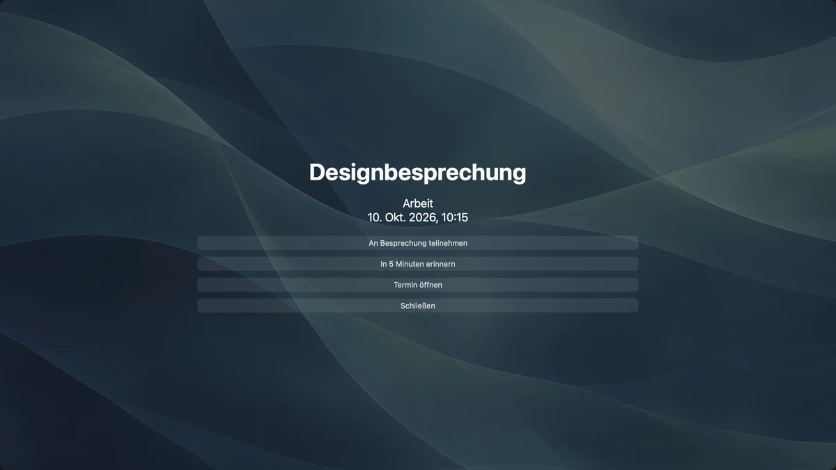 Eine Vollbilderinnerung an eine Designbesprechung mit Tasten für Beitreten, Schlummern, Ereignis öffnen und Schließen.
