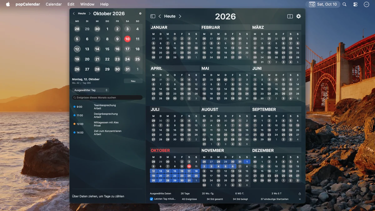 Oktober neben dem ganzen Kalender für 2026, mit getrennten Auswahlen und den Ereignissen des ausgewählten Tages.