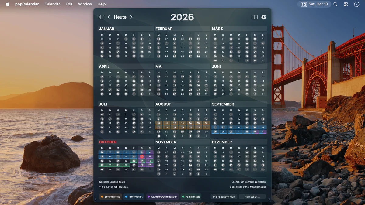 Vier benannte Pläne in unterschiedlichen Farben im Kalender 2026, mit Legende und Steuerelementen zum Teilen.