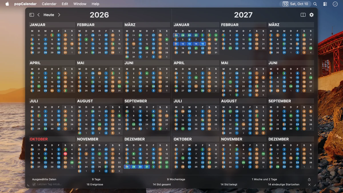 2026 und 2027 nebeneinander, mit mehreren getrennten Datumsgruppen im Dezember und Januar.