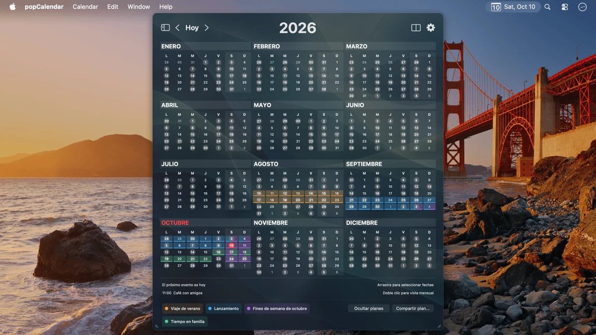 Cuatro planes con nombre resaltados en distintos colores en el calendario de 2026, con leyenda y controles para compartir.