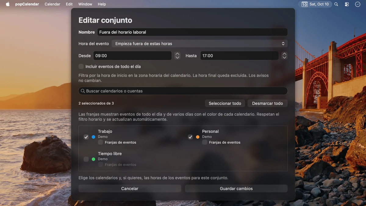 El editor de grupos de calendarios de popCalendar con un grupo Fuera del trabajo, selección de calendarios, controles de franjas y un filtro horario.