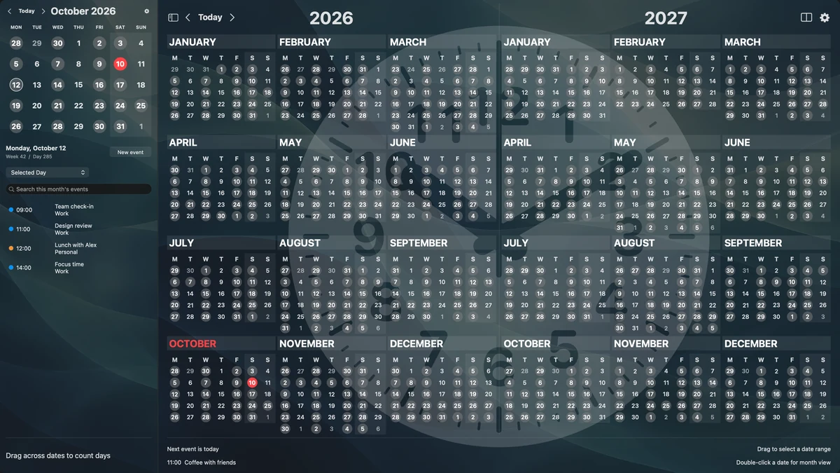 A fullscreen October month sidebar beside 2026 and 2027, with events, an analog clock, and an ocean background.