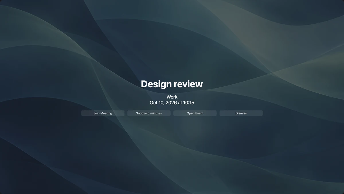 A fullscreen Design review meeting reminder with Join Meeting, Snooze, Open Event, and Dismiss buttons.