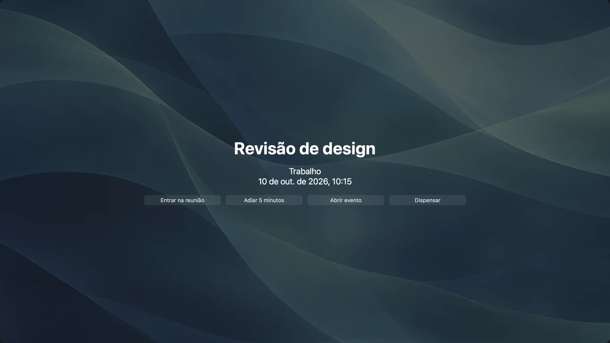 Um lembrete em tela cheia de uma revisão de design com botões para entrar na reunião, adiar, abrir o evento e dispensar.