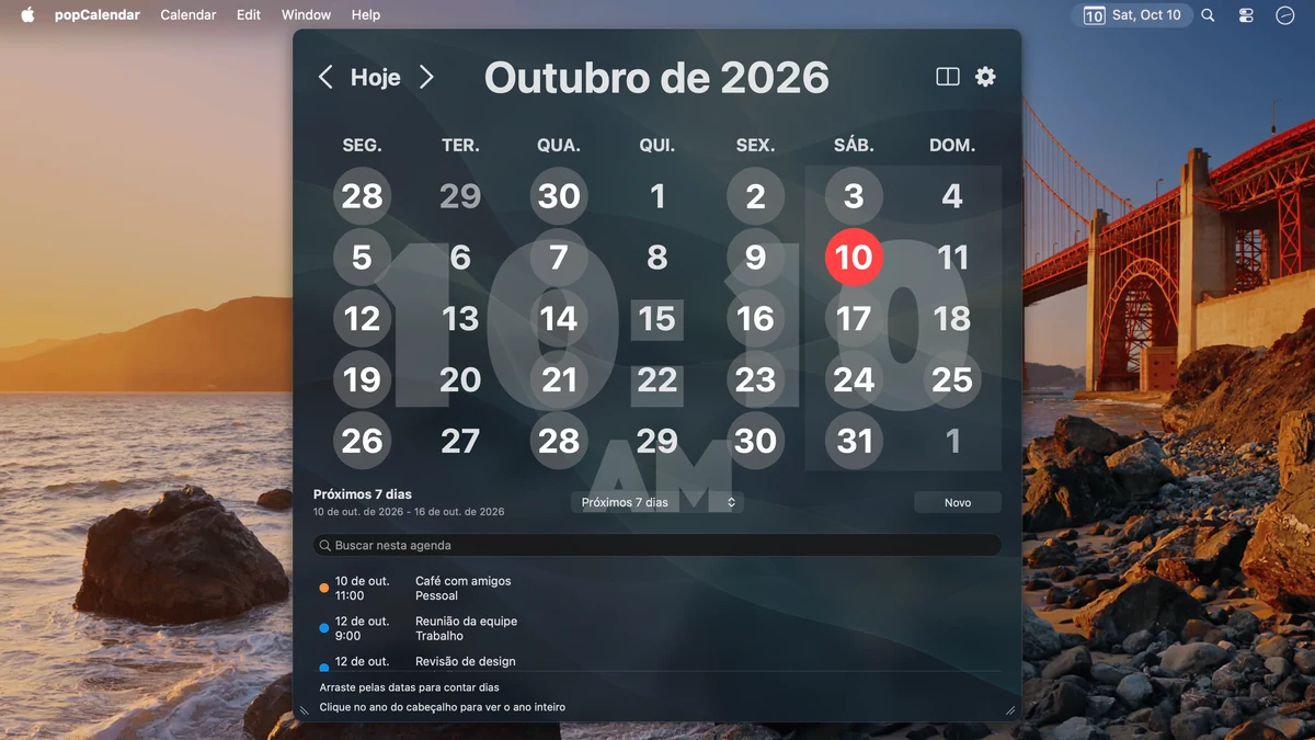 Outubro na visualização mensal com relógio digital, círculos de eventos monocromáticos e eventos de exemplo para os próximos sete dias.