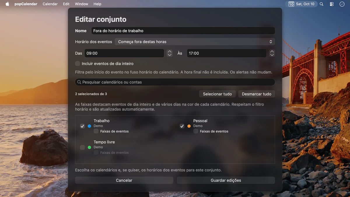 O editor de grupos de calendários do popCalendar com um grupo Fora do horário, seleção de calendários, controlos de faixas e um filtro de horário.