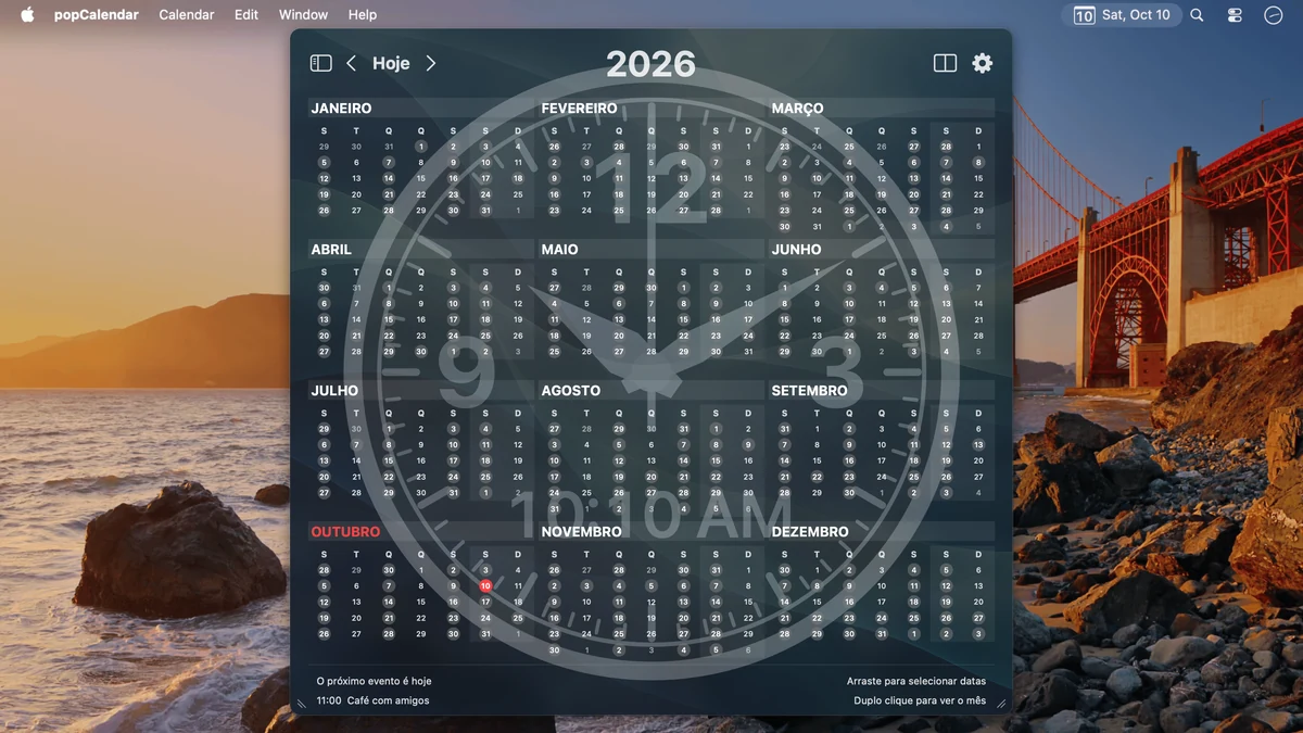 Um relógio analógico com leitura digital integrada atrás do calendário anual completo.