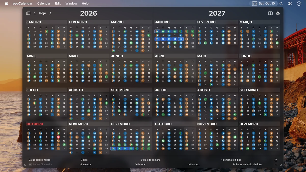 2026 e 2027 lado a lado, com vários grupos separados de datas selecionadas em dezembro e janeiro.