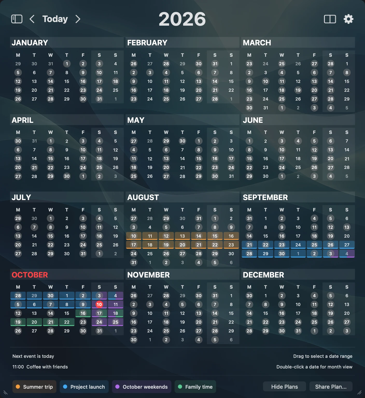 Four named plans highlighted in different colors on the 2026 calendar, with a legend and sharing controls.