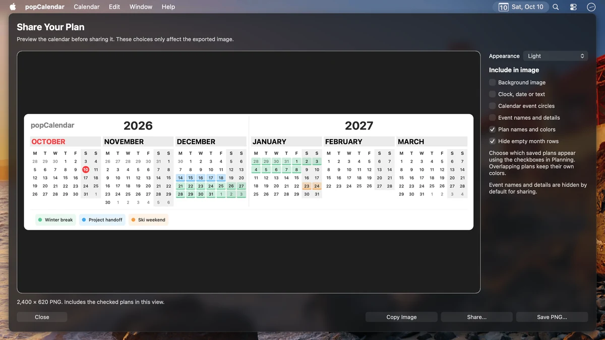 The real Share Your Plan dialog showing a compact December-to-January plan and image export options.